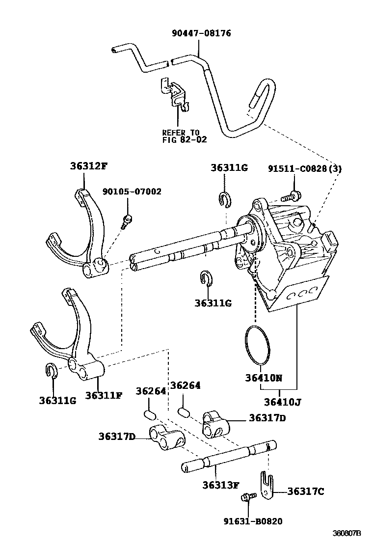 Toyota HILUX Transfer Lever & Shift Fork Shaft EPC diagram — 360807B