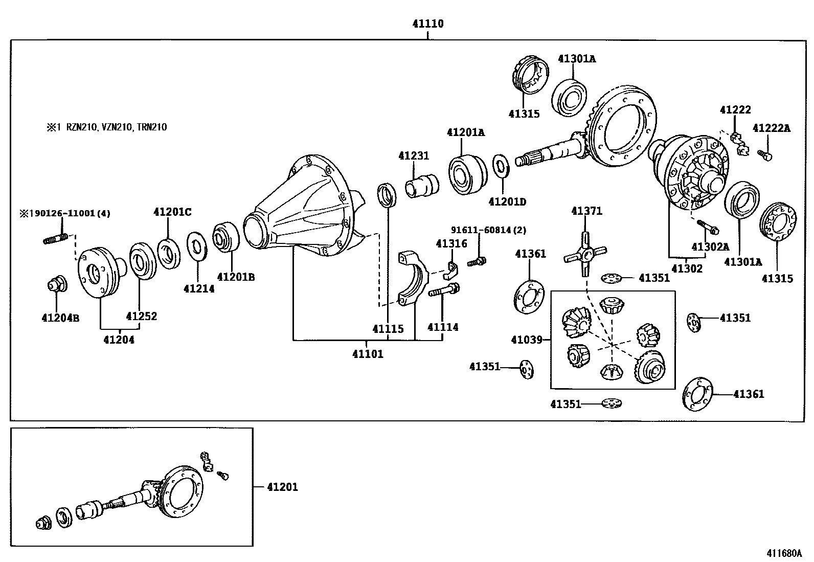 Toyota HILUX 后桥壳和差速器 EPC diagram — 411680A