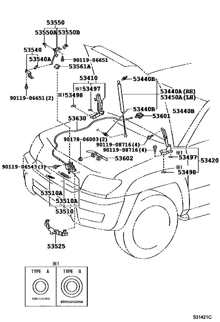 Toyota HILUX 发动机盖锁和铰链 EPC diagram — 531421C