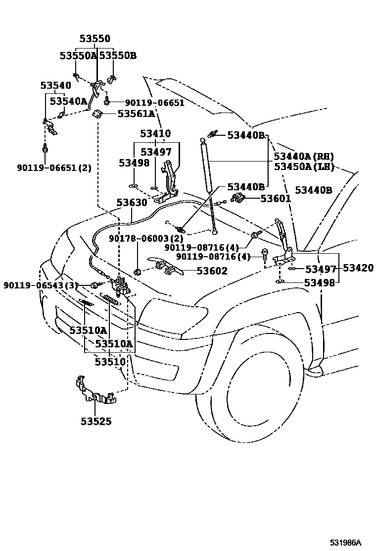 Toyota HILUX 发动机盖锁和铰链 EPC diagram — 531986A