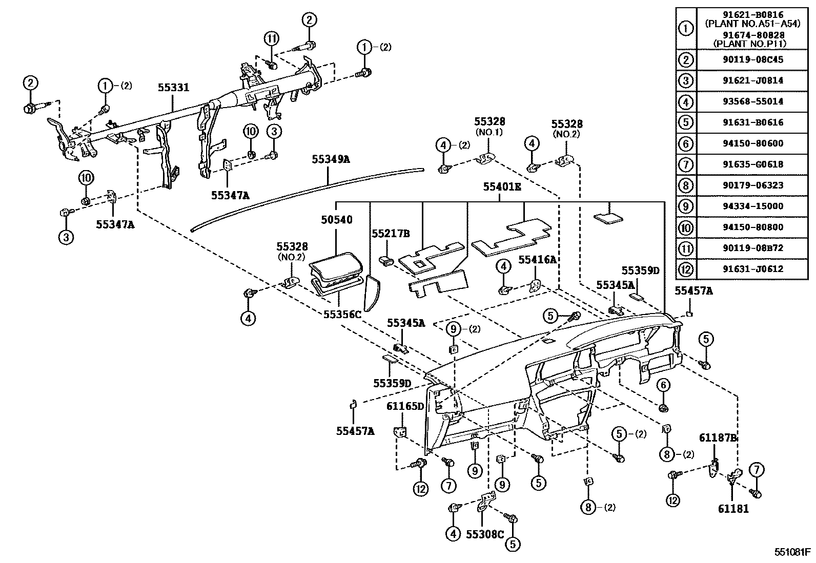 Toyota HILUX 仪表板和手套箱 EPC diagram — 551081F