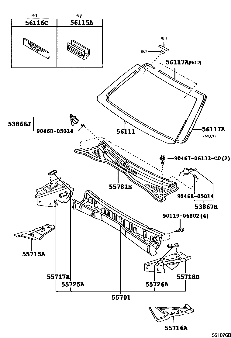 Toyota HILUX 前围板和挡风玻璃 EPC diagram — 551076B