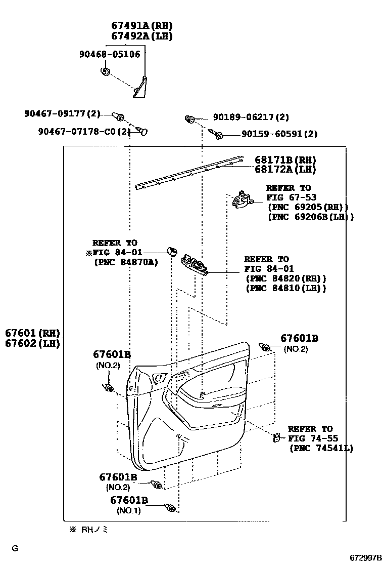 Toyota HILUX 前门板和前门玻璃 EPC diagram — 672997B