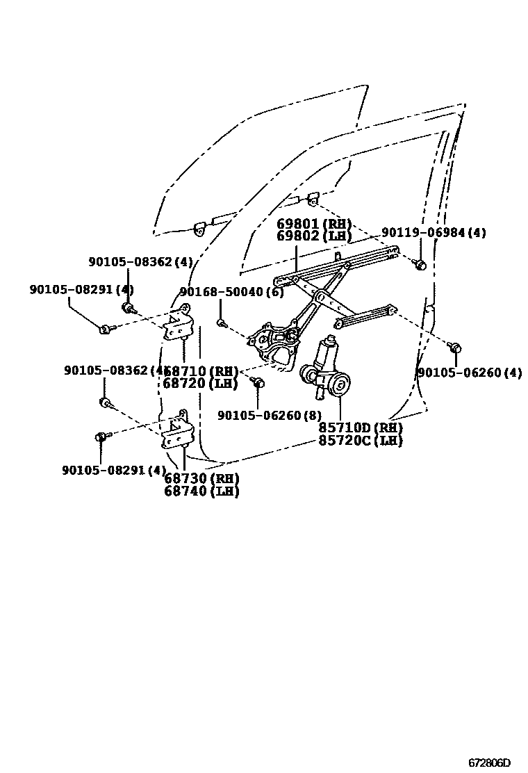 Toyota HILUX 前门车窗升降器和合页 EPC diagram — 672806D