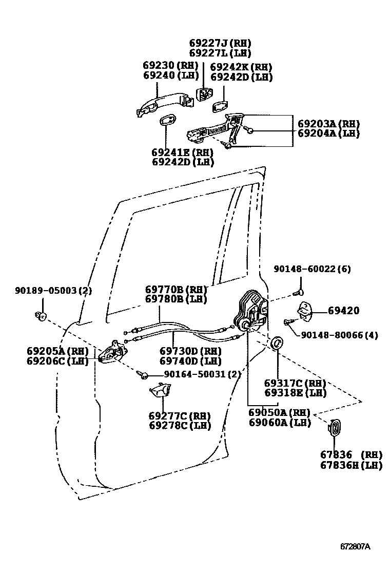 Toyota HILUX 后门锁和后门把手 EPC diagram — 672807A