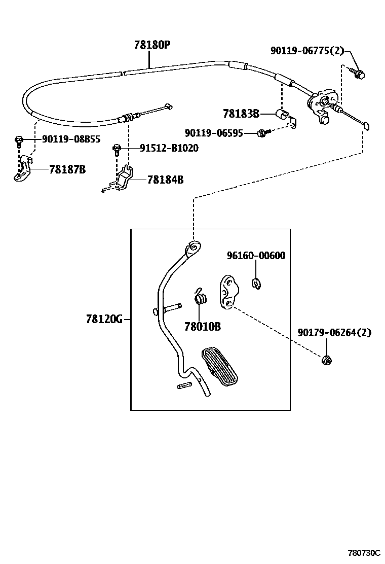 Toyota HILUX accelerator pedal connecting rod EPC diagram — 780730C