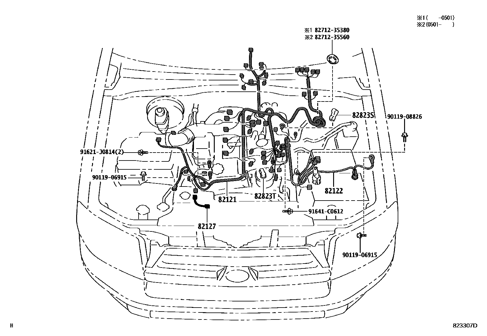 Toyota HILUX 线束和卡夹 EPC diagram — 823307D