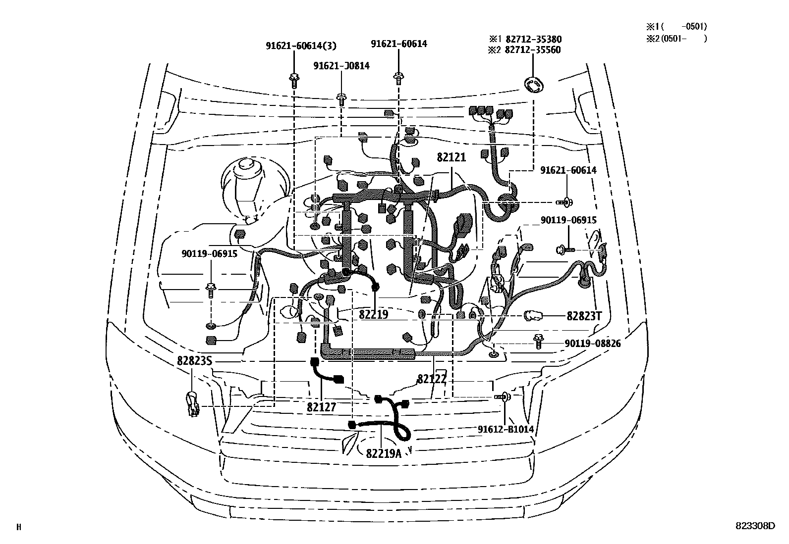 Toyota HILUX 线束和卡夹 EPC diagram — 823308D