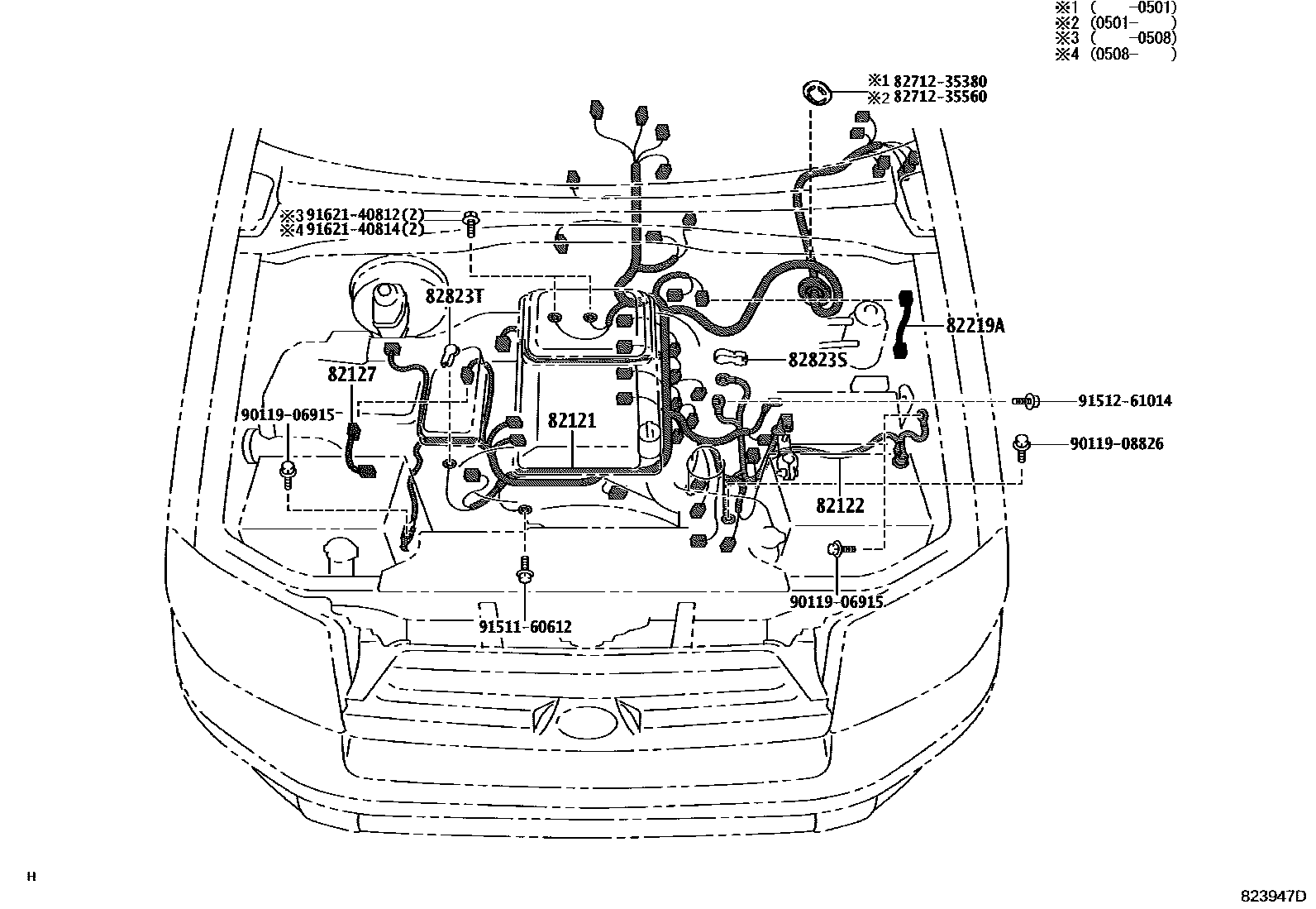 Toyota HILUX 线束和卡夹 EPC diagram — 823947D