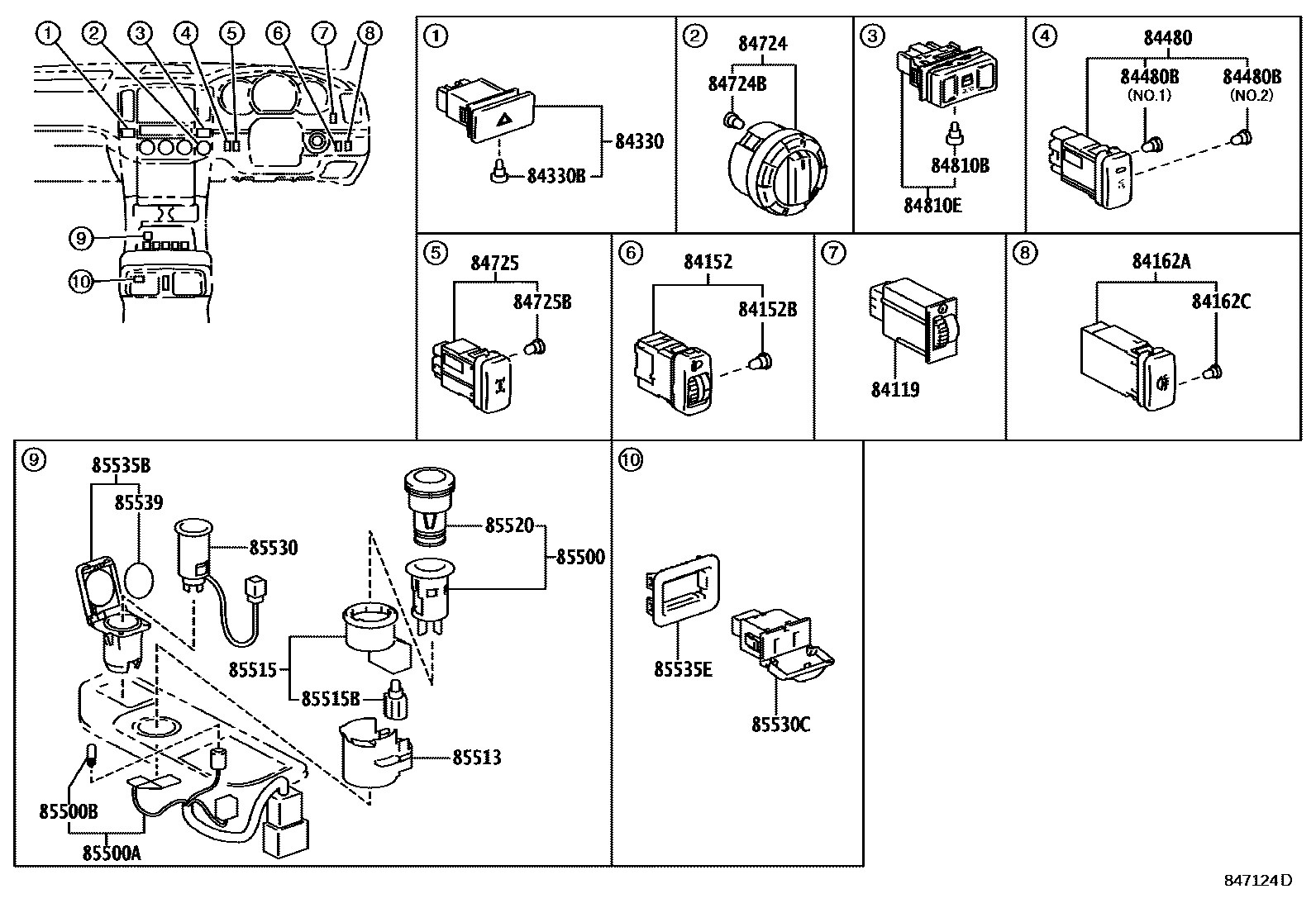 Toyota HILUX 开关和继电器和ECU EPC diagram — 847124E