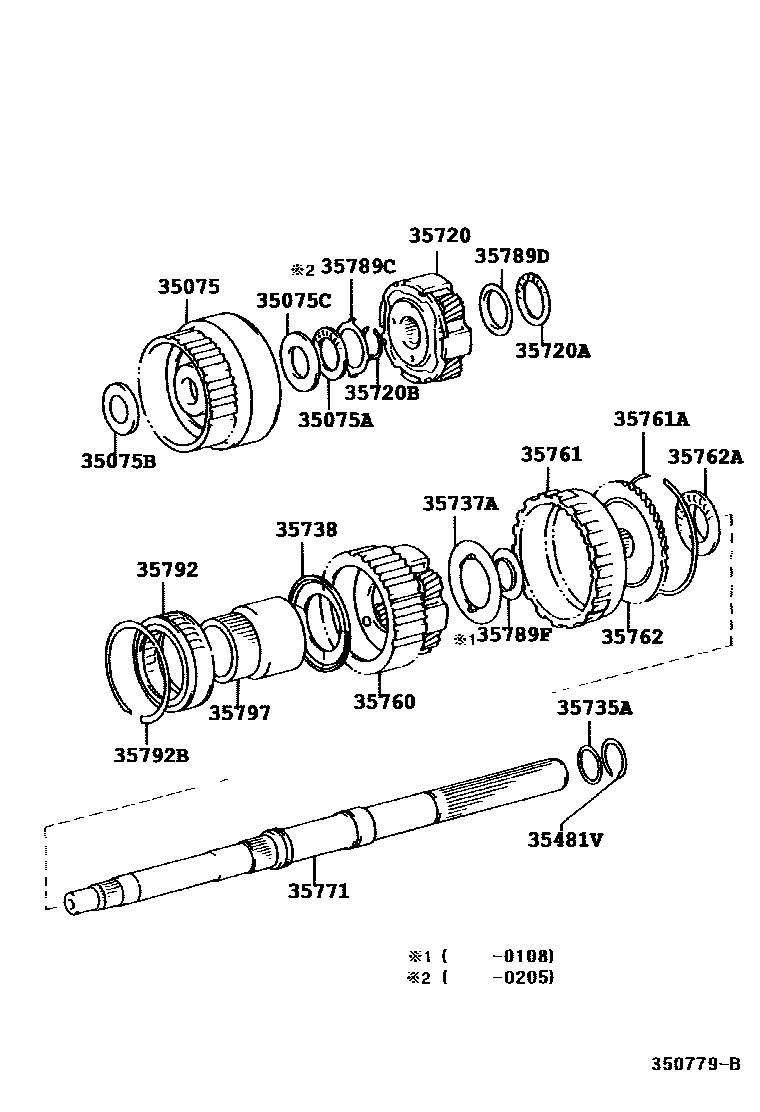 Toyota HILUX 行星齿轮、倒档活塞和中间轴齿轮(ATM) EPC diagram — 350779C