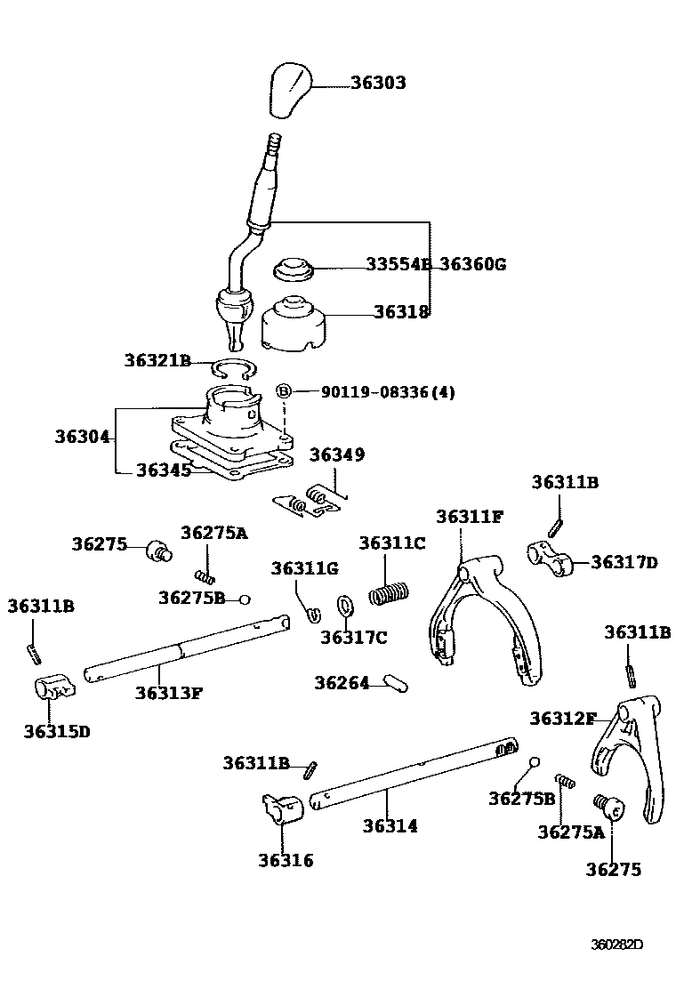 Toyota HILUX Transfer Lever & Shift Fork Shaft EPC diagram — 360282D