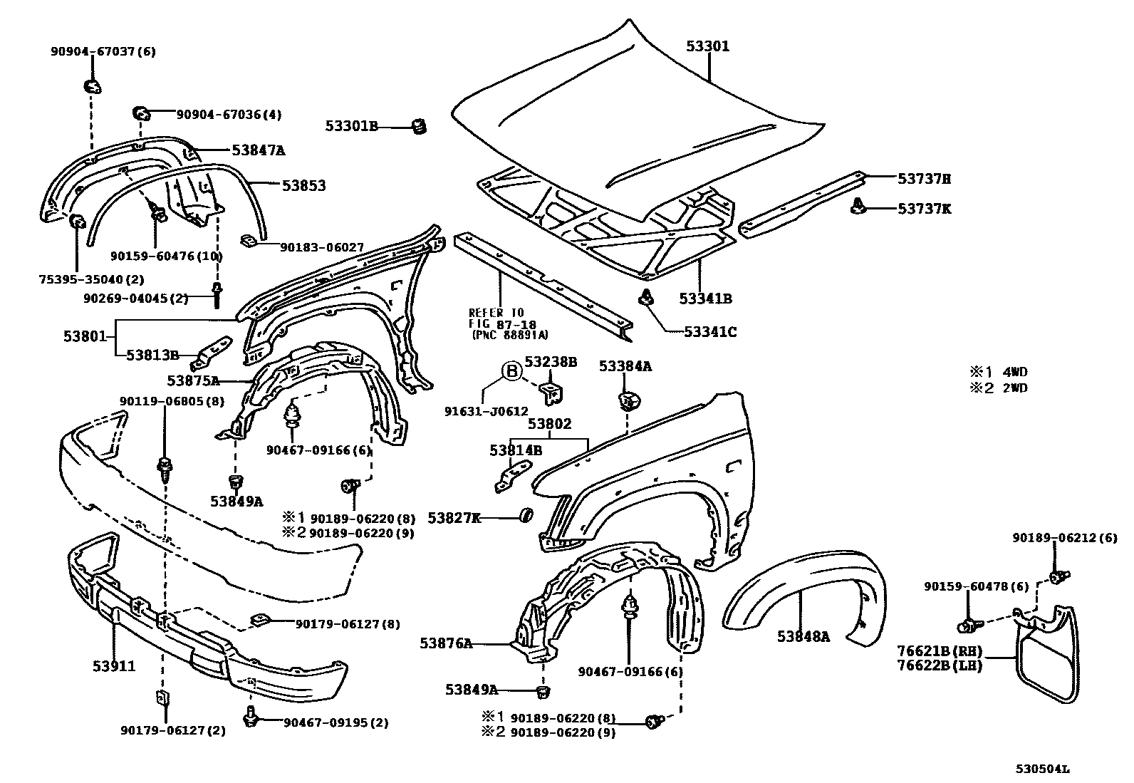 Toyota HILUX 发动机盖和前翼子板 EPC diagram — 530504L