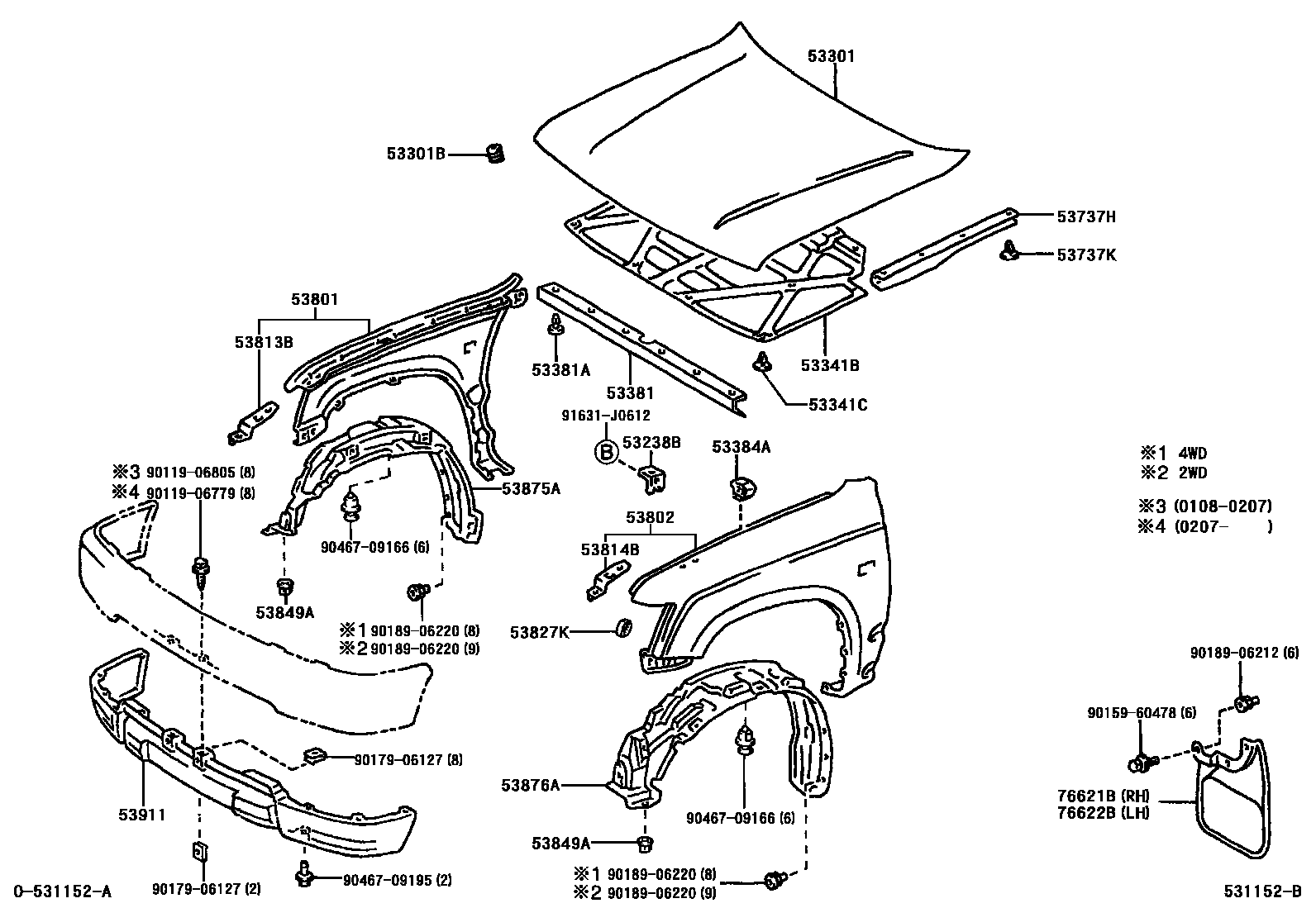 Toyota HILUX 发动机盖和前翼子板 EPC diagram — 531152B