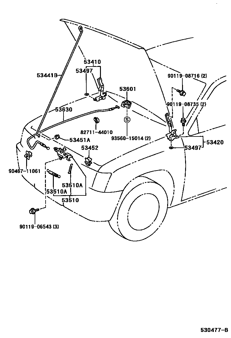 Toyota HILUX 发动机盖锁和铰链 EPC diagram — 530477B