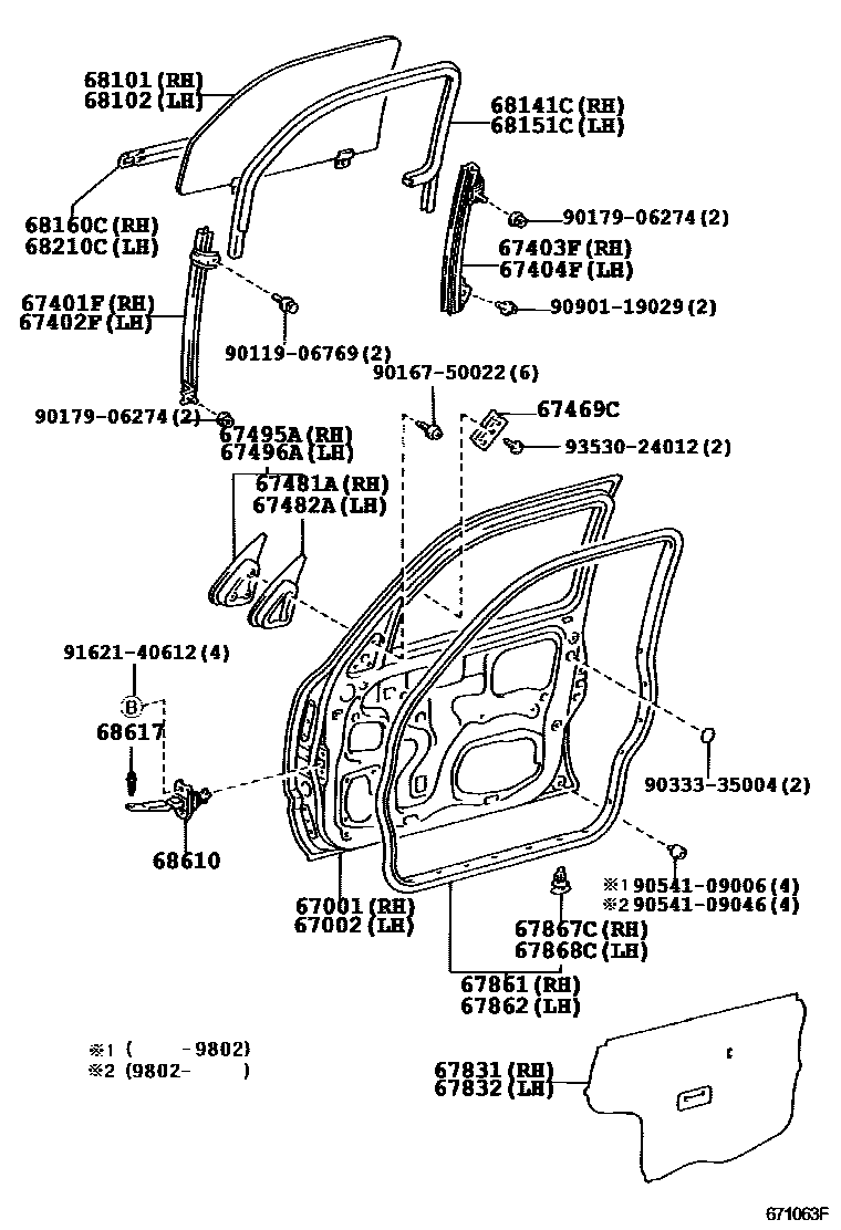 Toyota HILUX 前门板和前门玻璃 EPC diagram — 671063F