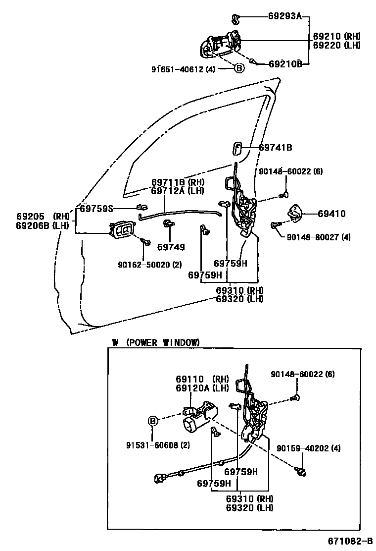 Toyota HILUX 前门锁和车门把手 EPC diagram — 671082B