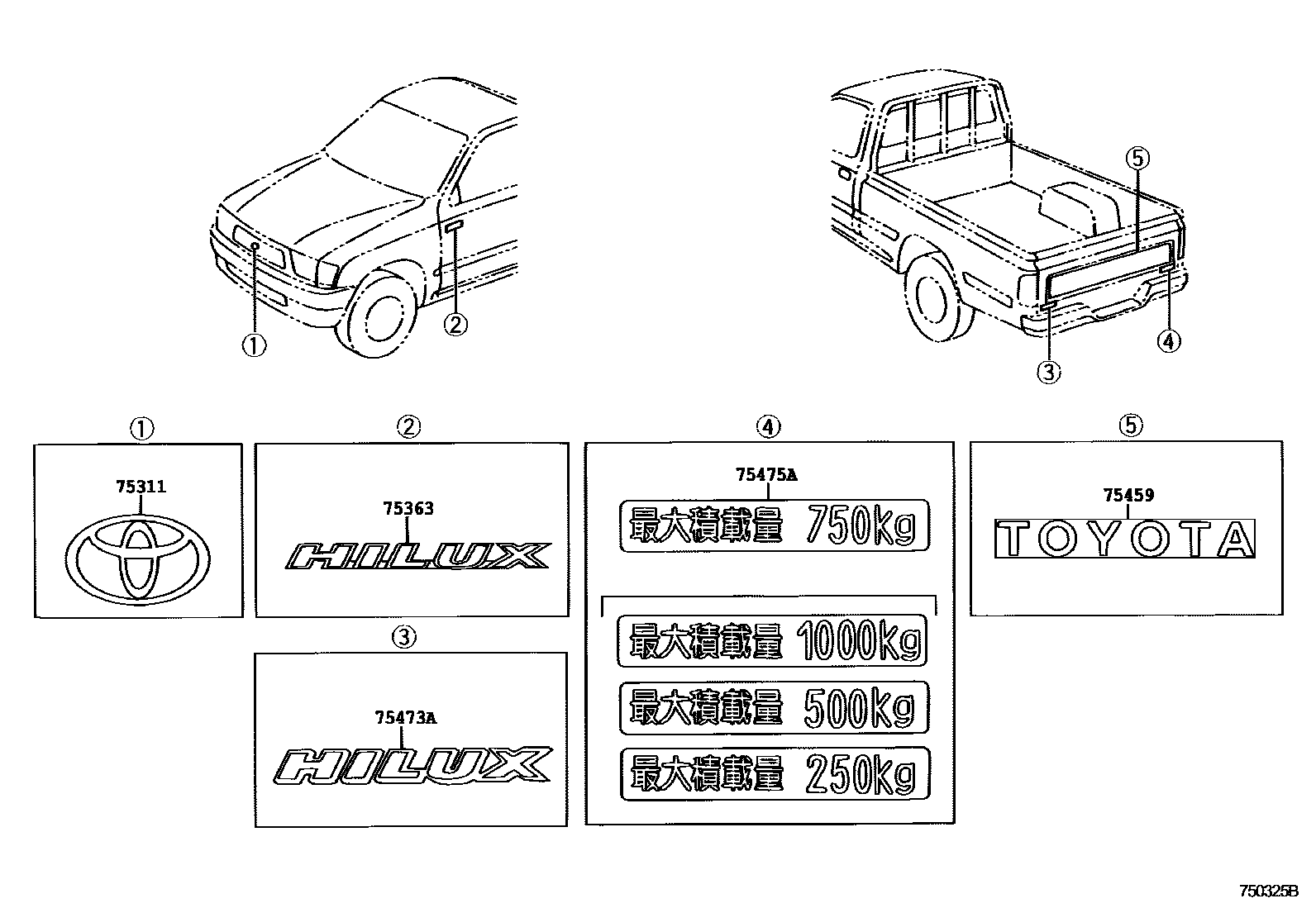 Toyota HILUX 徽标和铭牌 EPC diagram — 750325B
