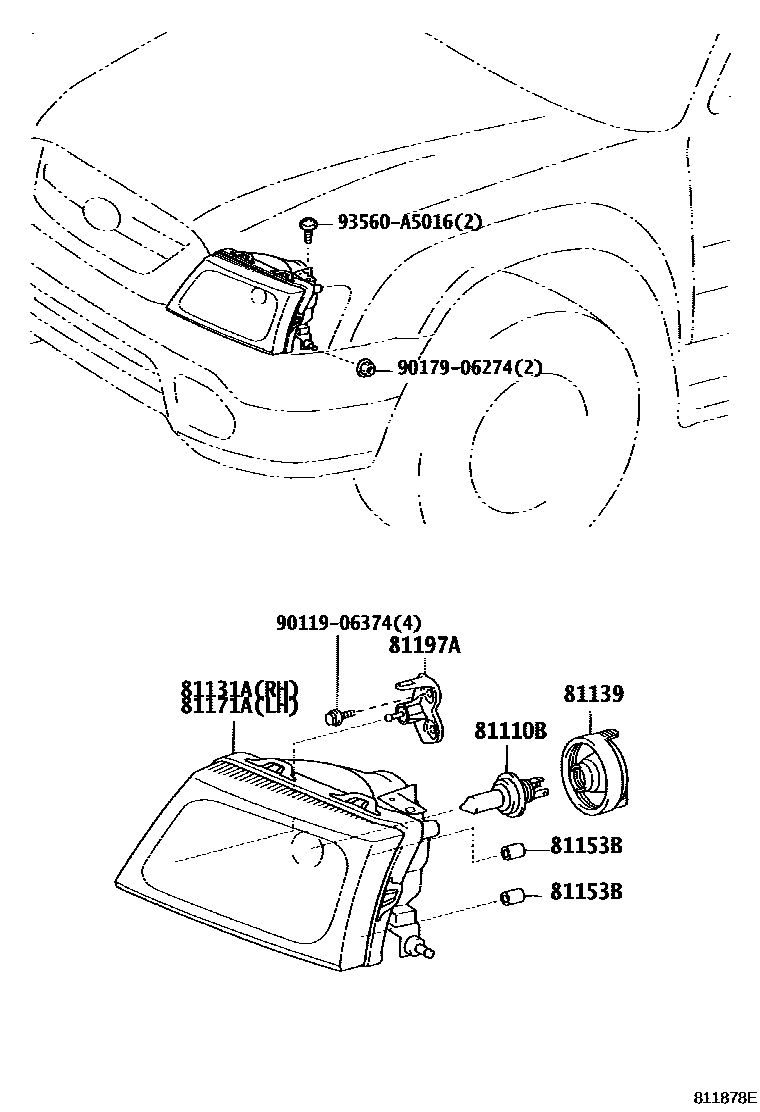 Toyota HILUX Headlamp EPC diagram — 811878E