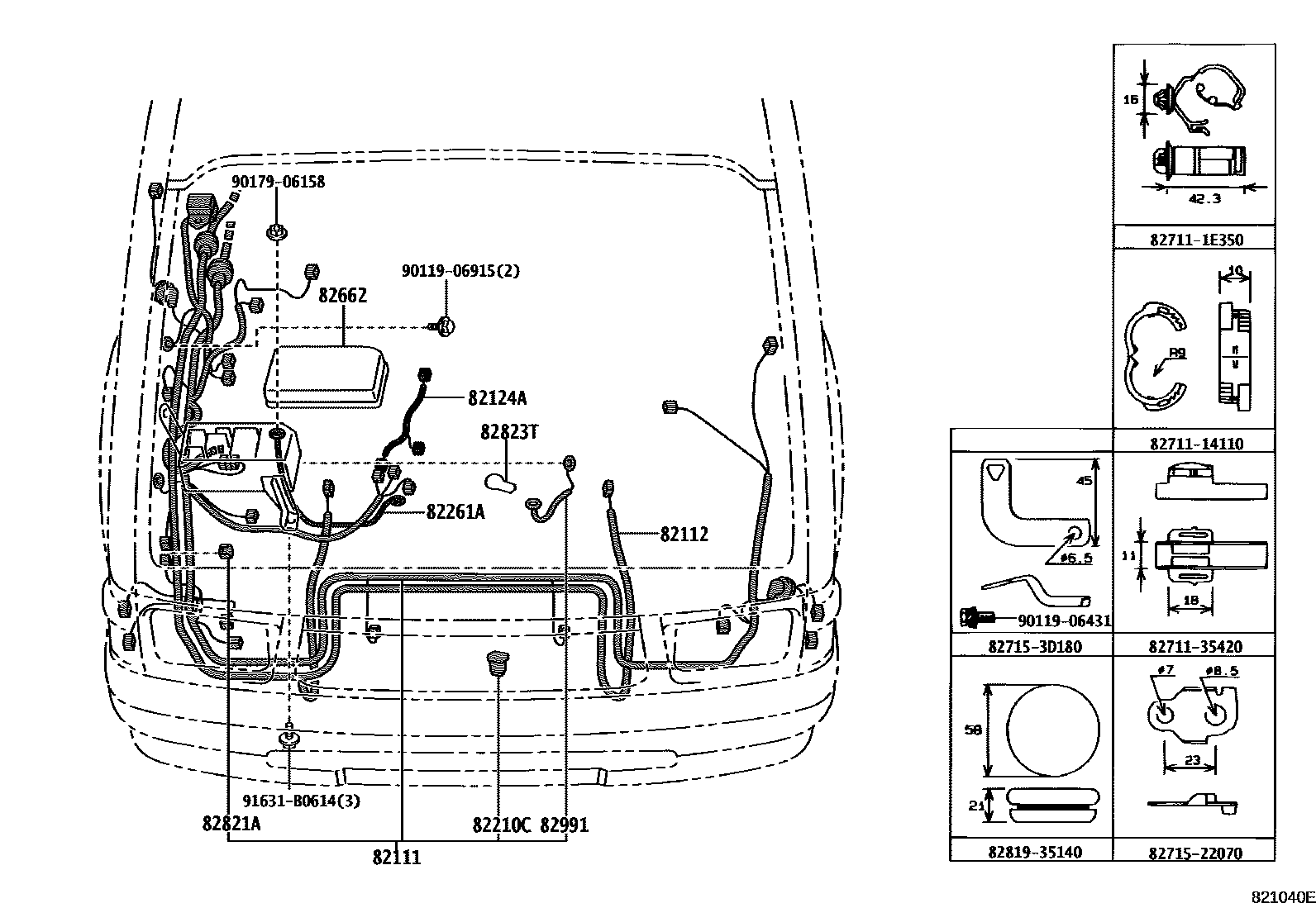 Toyota HILUX 线束和卡夹 EPC diagram — 821040E