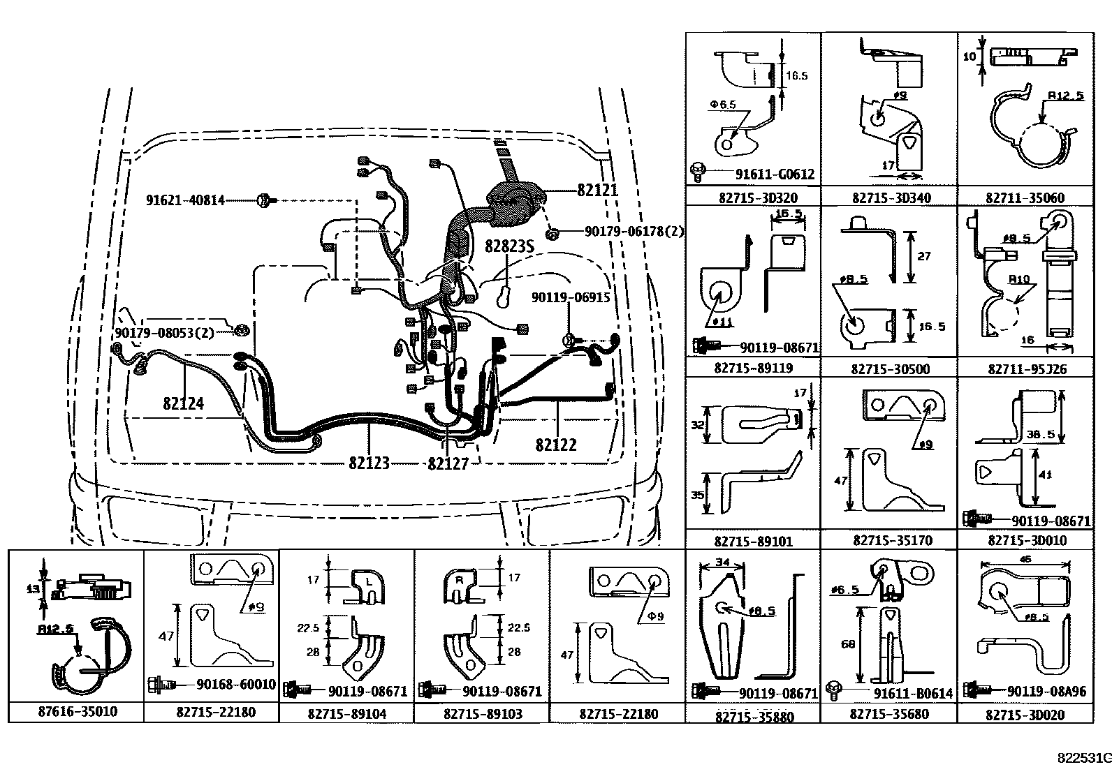 Toyota HILUX 线束和卡夹 EPC diagram — 822531G
