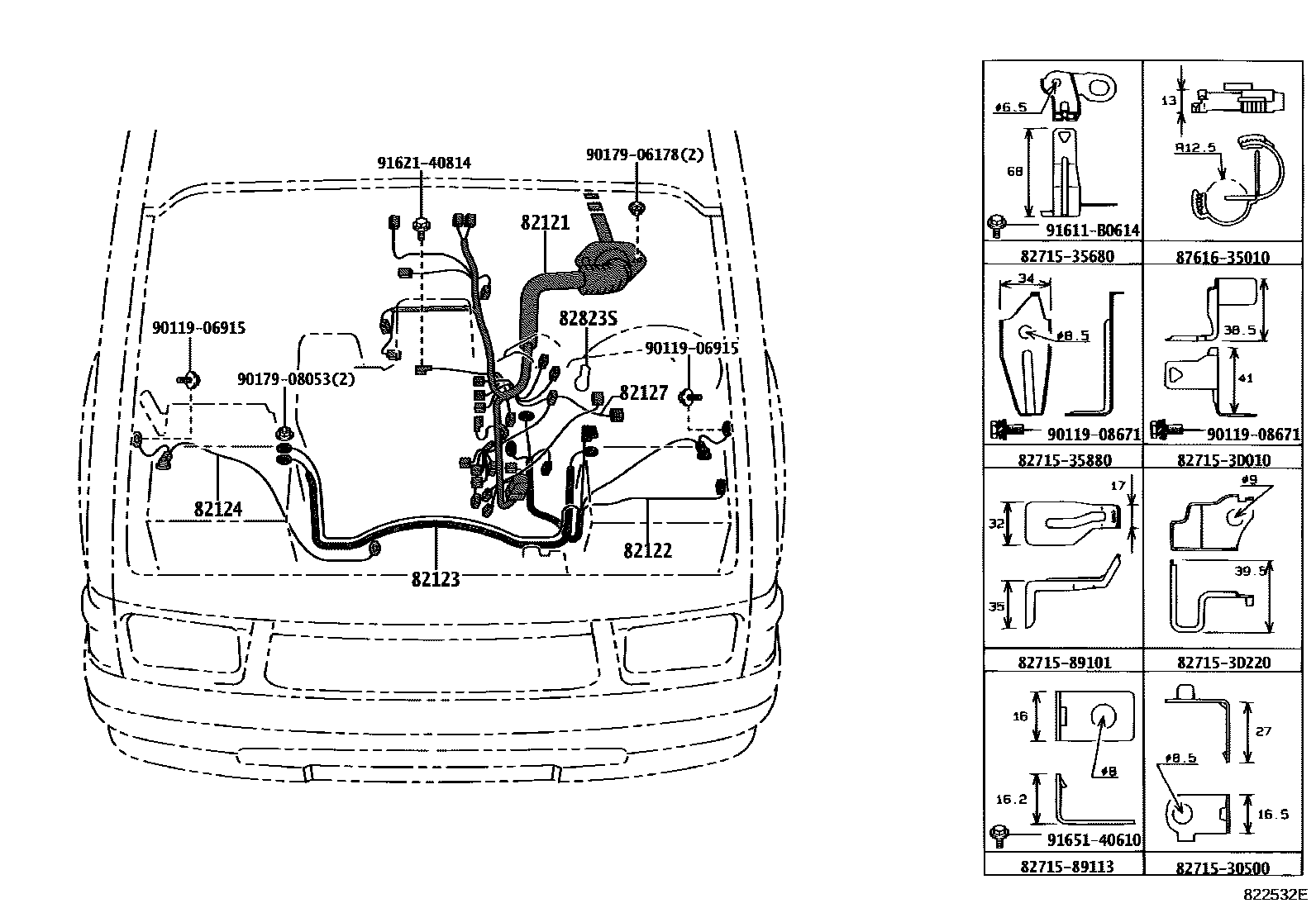 Toyota HILUX 线束和卡夹 EPC diagram — 822532E