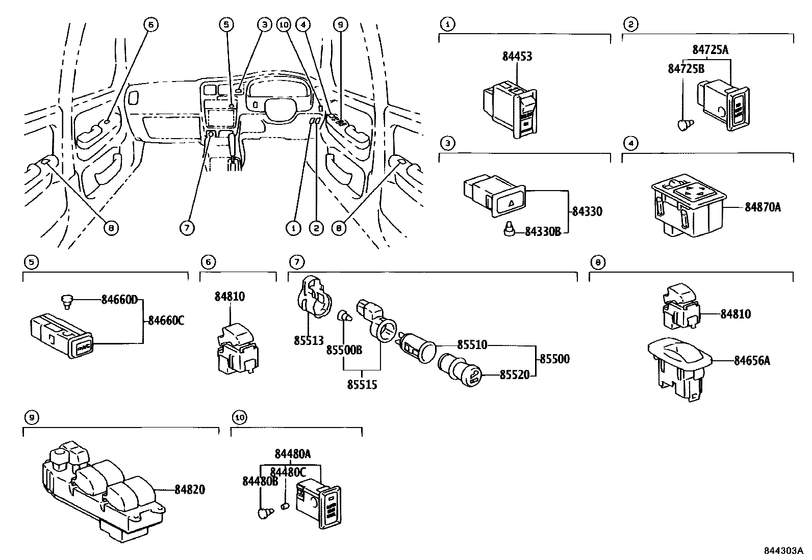 Toyota HILUX 开关和继电器和ECU EPC diagram — 844303A