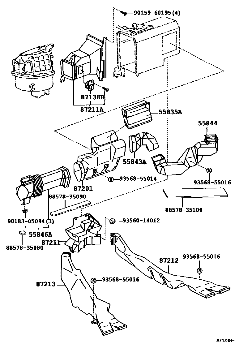 Toyota HILUX 暖风和空调系统 - 控制器和风管 EPC diagram — 871798E