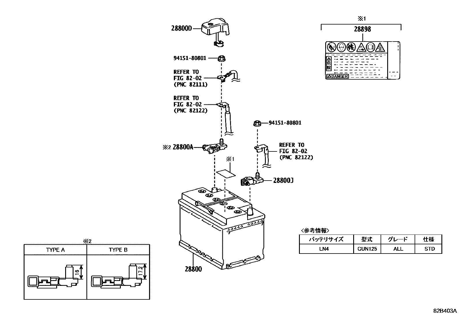 Toyota HILUX 蓄电池和蓄电池电缆 EPC diagram — 82B403A