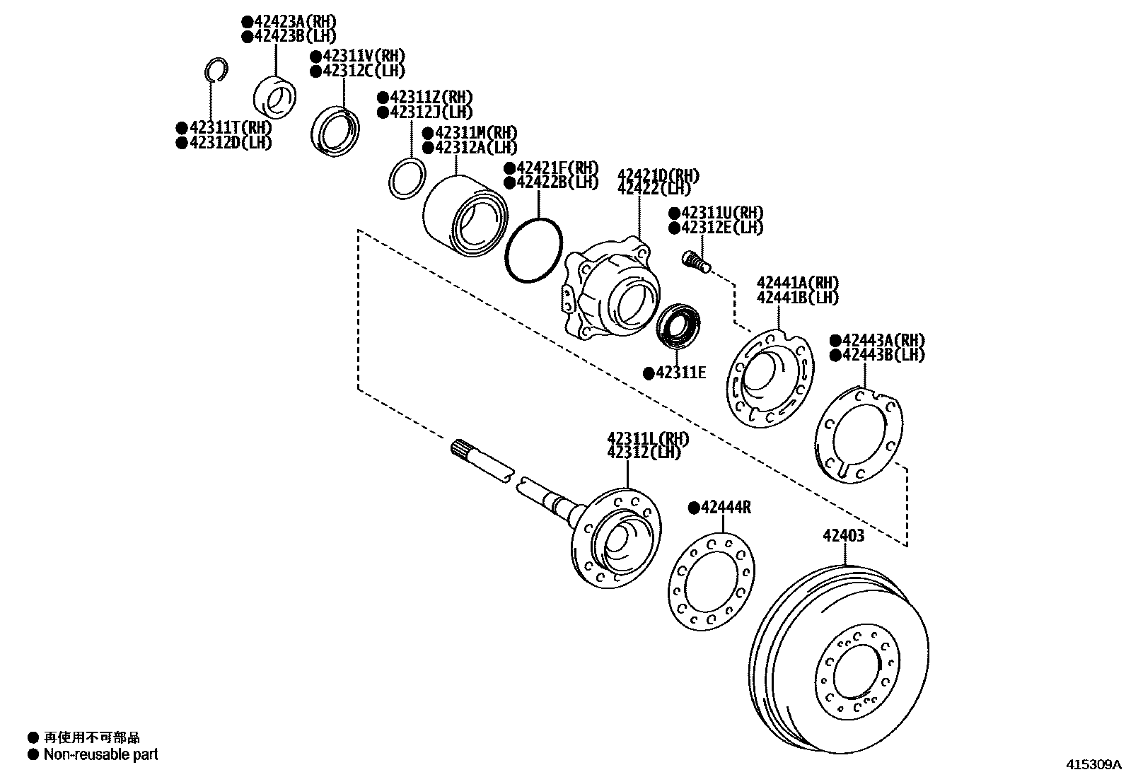 Toyota HILUX 后桥半轴和后桥轮毂 EPC diagram — 415309A