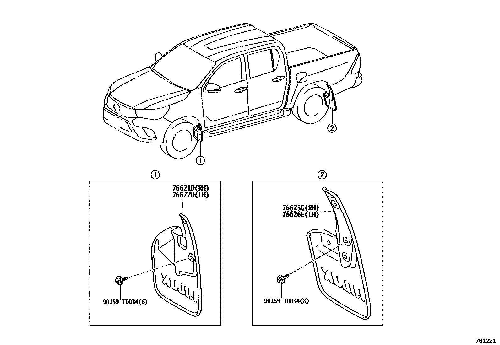 Toyota HILUX 扰流板和侧挡泥板 EPC diagram — 761221