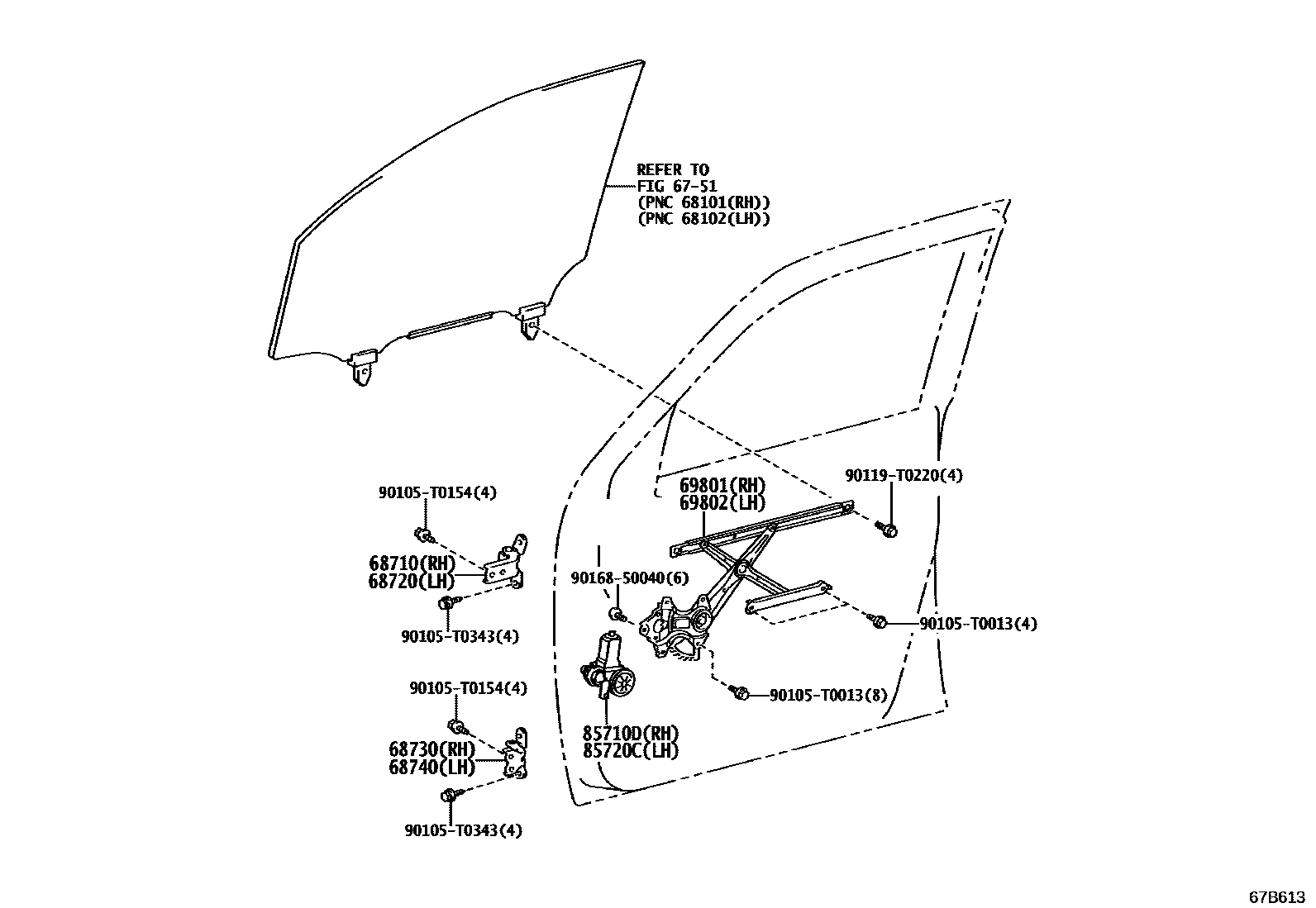 Toyota HILUX 前门车窗升降器和合页 EPC diagram — 67B613