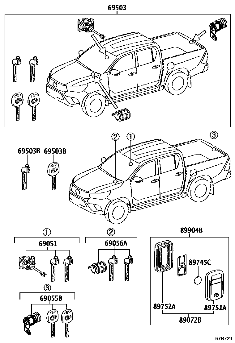 Toyota HILUX 锁芯组件 EPC diagram — 67B729