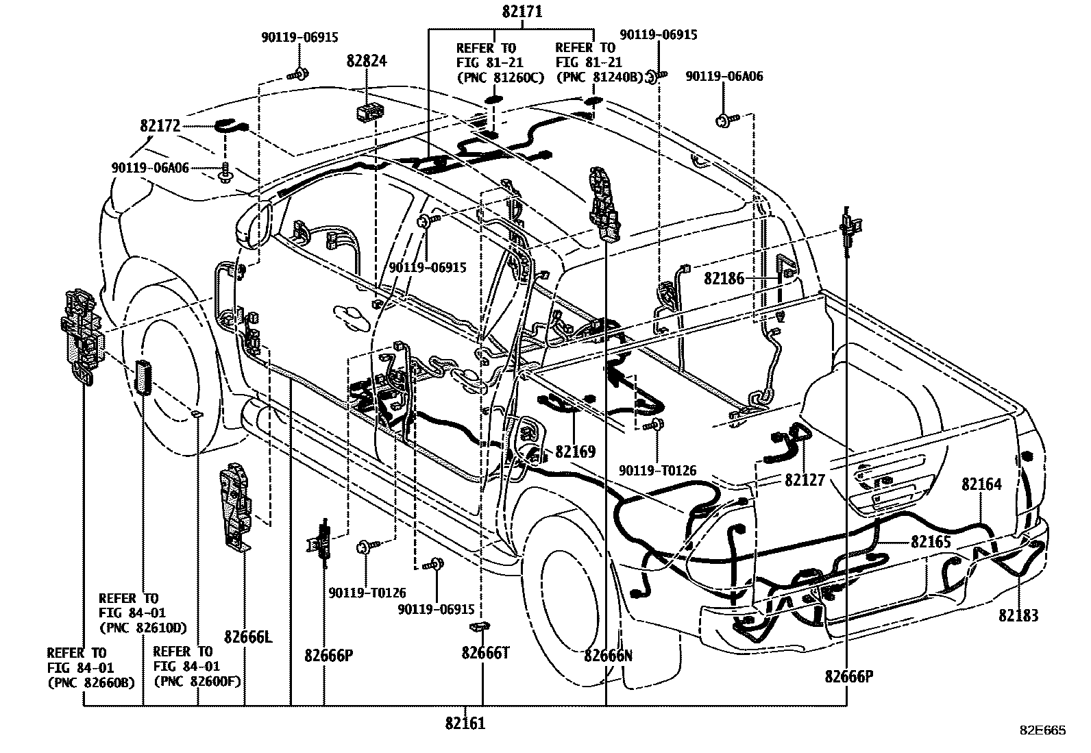 Toyota HILUX 线束和卡夹 EPC diagram — 82E665