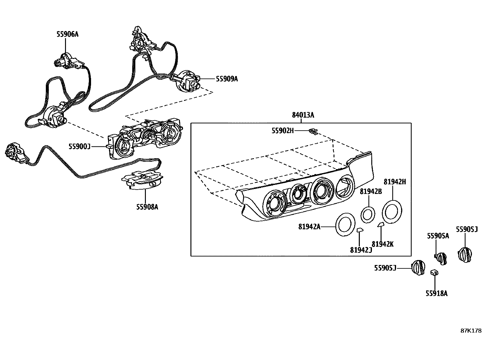 Toyota HILUX 暖风和空调系统 - 控制器和风管 EPC diagram — 87K178