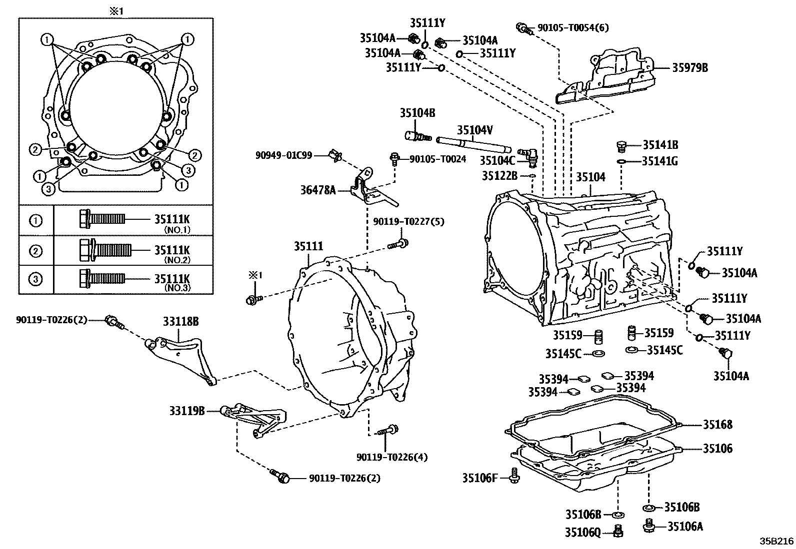 Toyota HILUX 变速器壳和油底壳(ATM) EPC diagram — 35B216