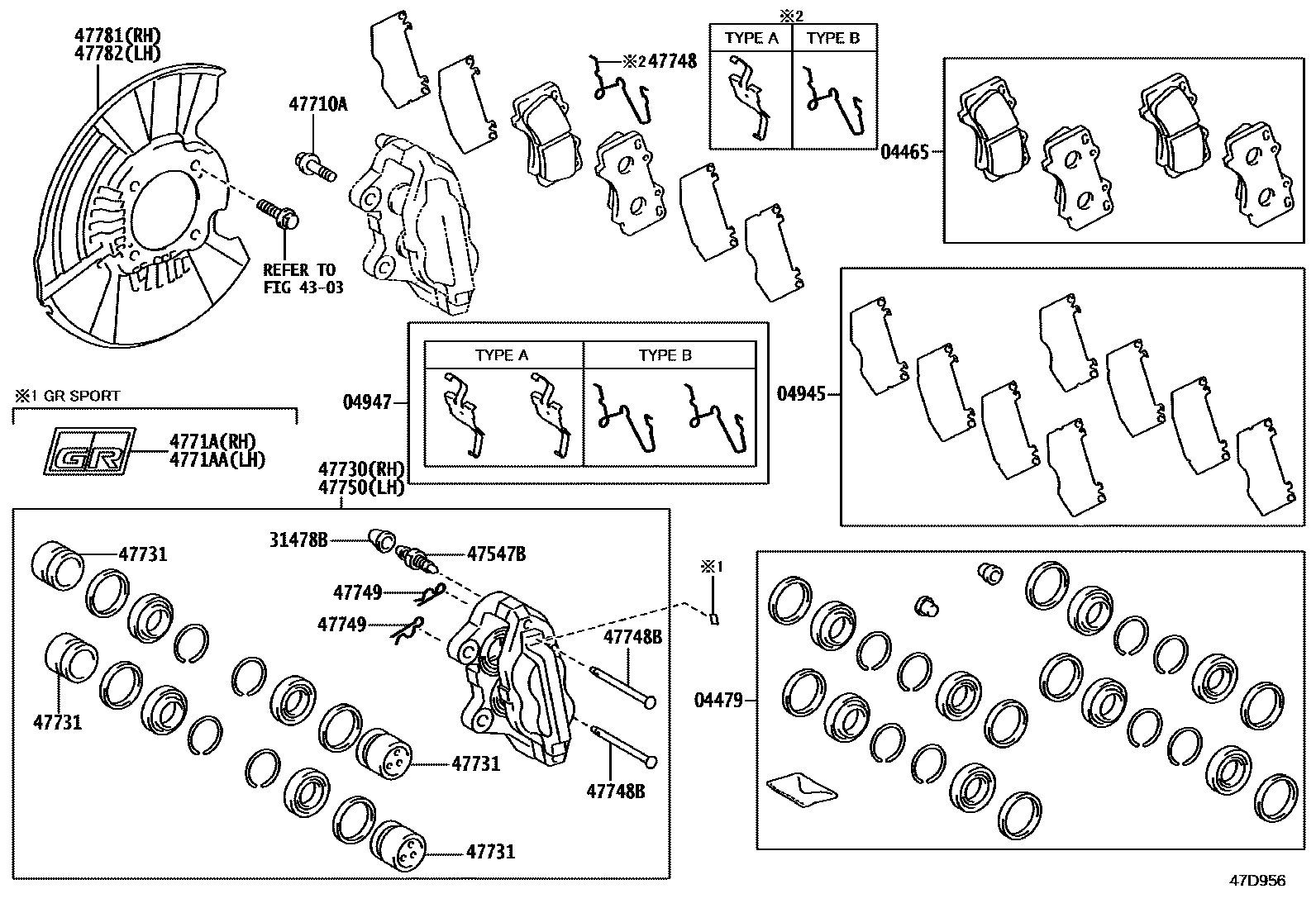Toyota HILUX 前盘式制动器卡钳和防尘罩 EPC diagram — 47D956