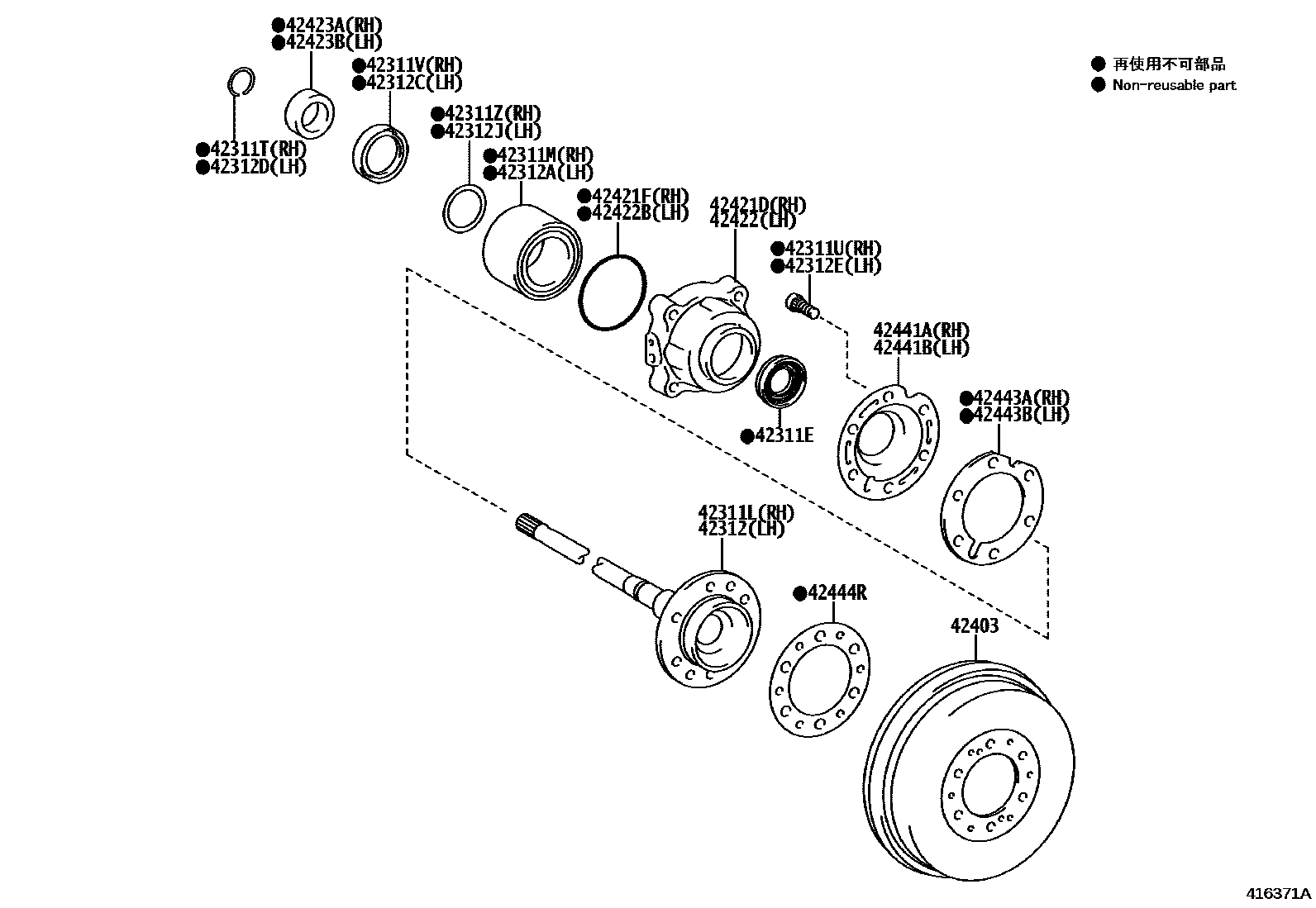 Toyota HILUX 后桥半轴和后桥轮毂 EPC diagram — 416371A