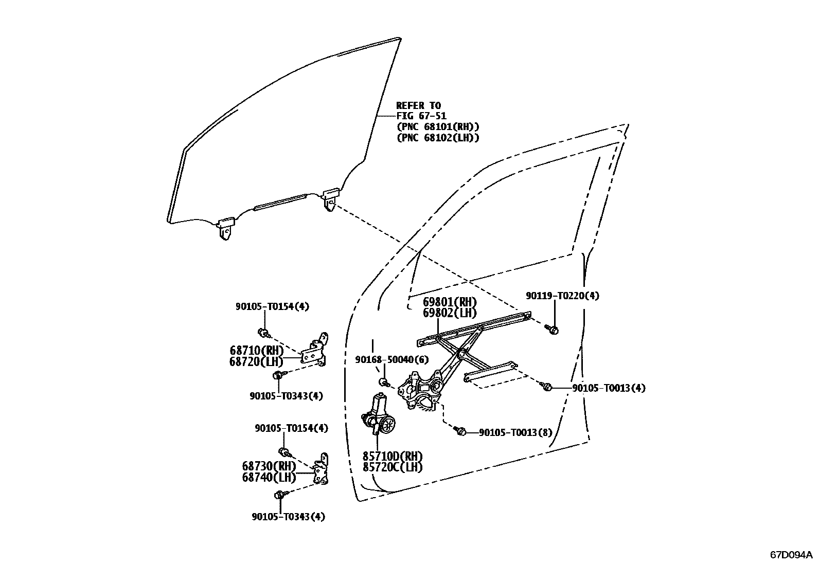 Toyota HILUX 前门车窗升降器和合页 EPC diagram — 67D094A