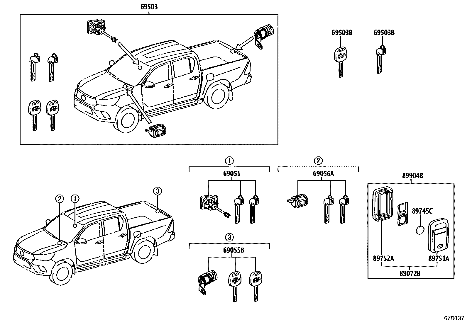 Toyota HILUX 锁芯组件 EPC diagram — 67D137