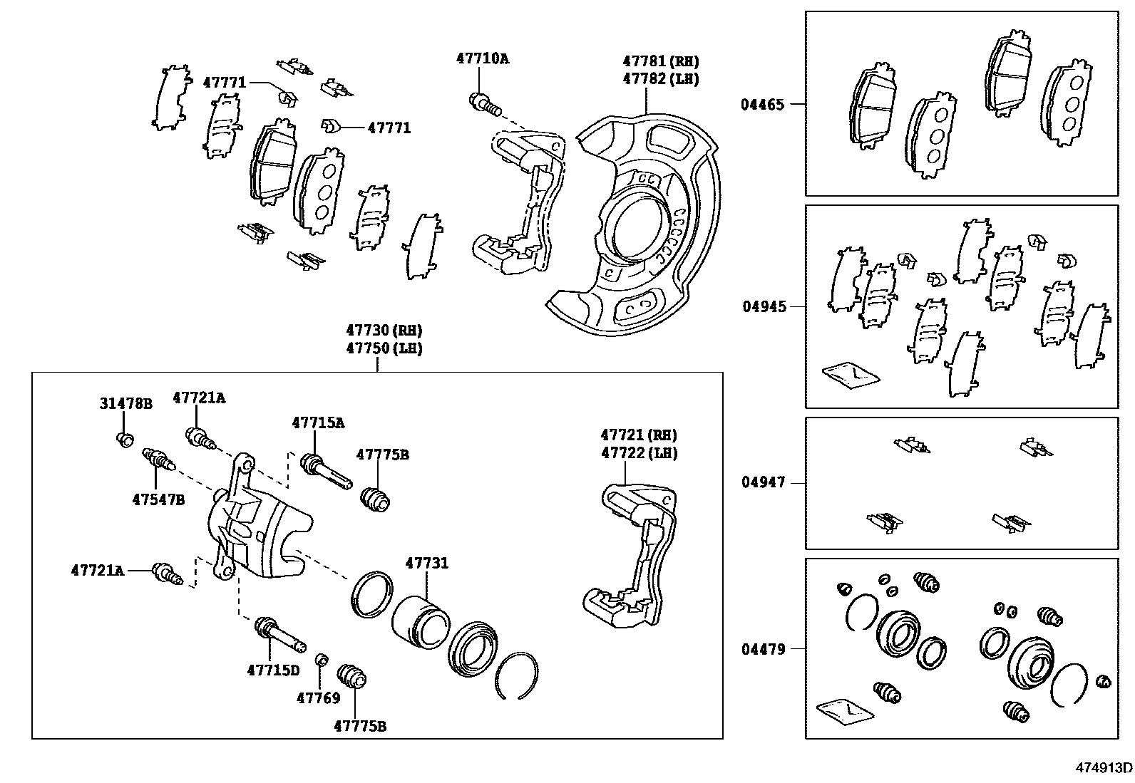 Toyota YARIS 前盘式制动器卡钳和防尘罩 EPC diagram — 474913D
