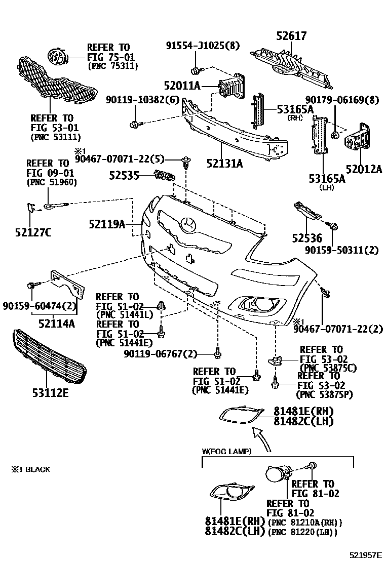 Toyota YARIS 前保险杠及附件 EPC diagram — 521957E