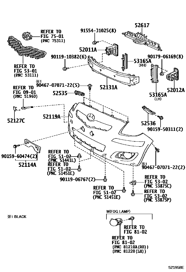 Toyota YARIS 前保险杠及附件 EPC diagram — 521958E