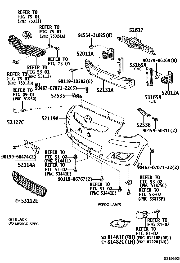 Toyota YARIS 前保险杠及附件 EPC diagram — 521959G