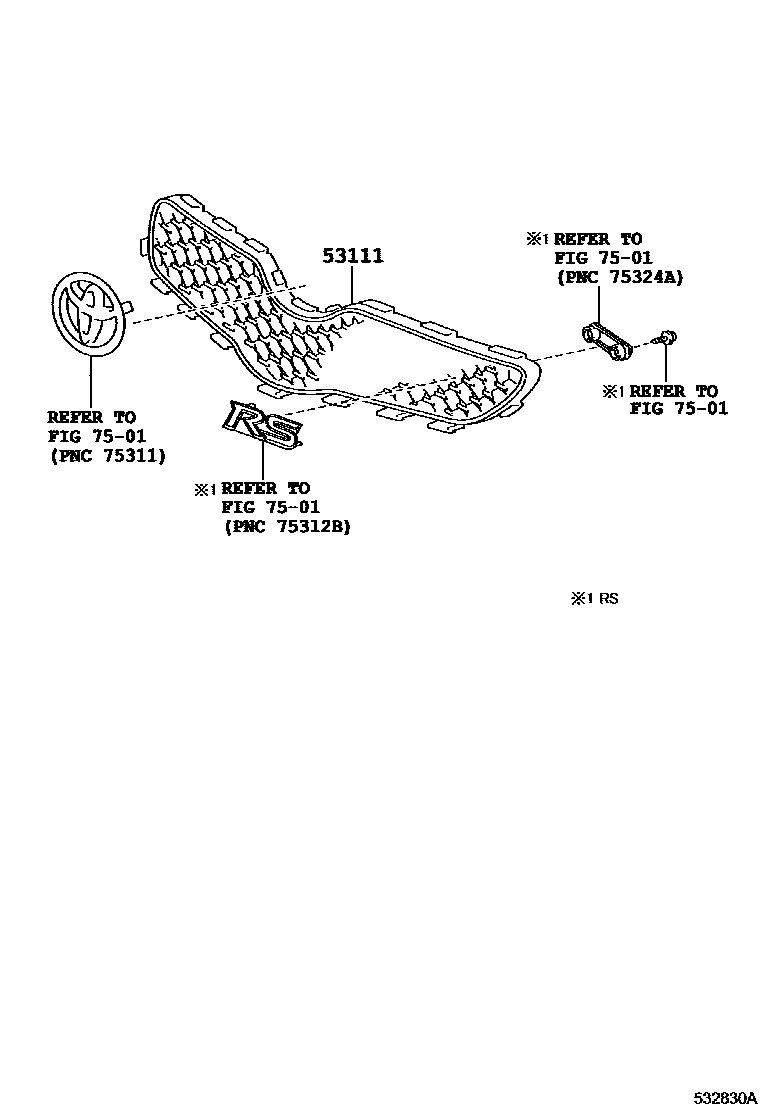 Toyota YARIS radiator grille EPC diagram — 532830A