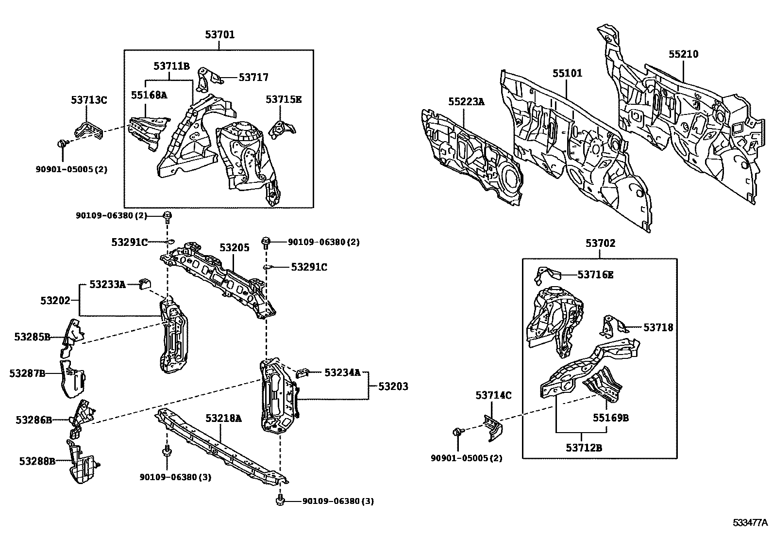 Toyota YARIS 前翼子板挡泥板和前围板 EPC diagram — 533477A