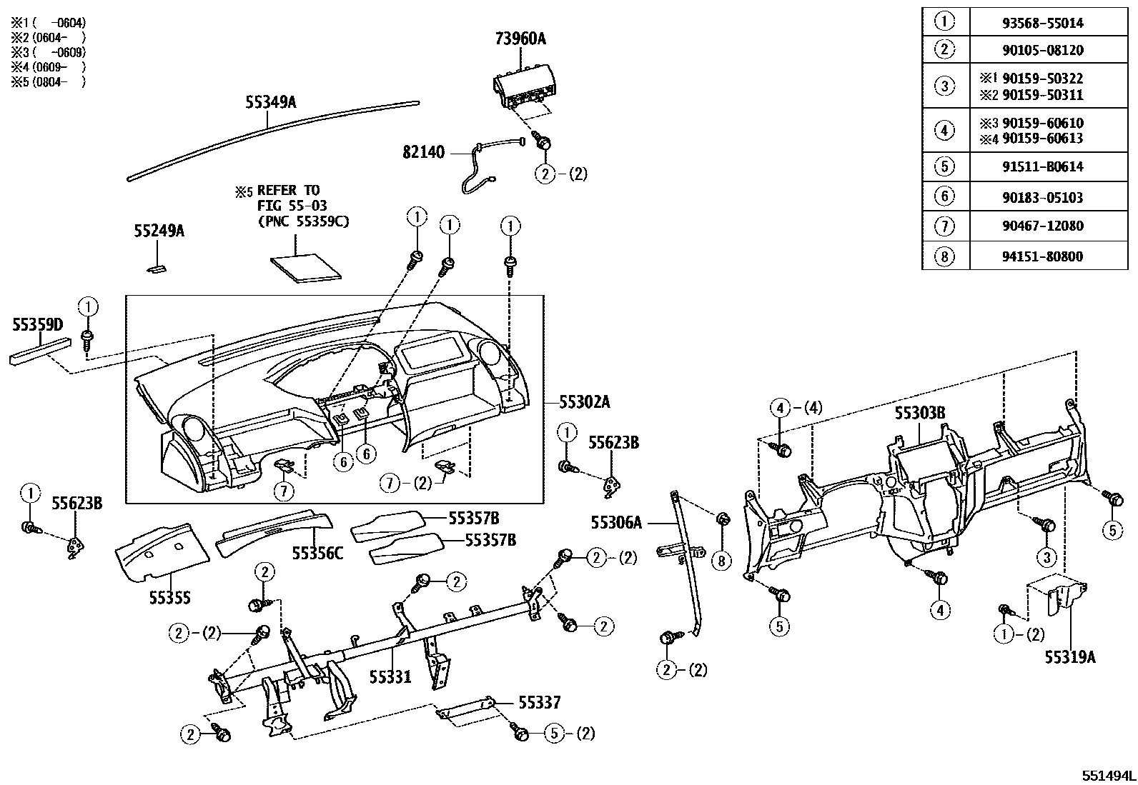 Toyota YARIS 仪表板和手套箱 EPC diagram — 551494L