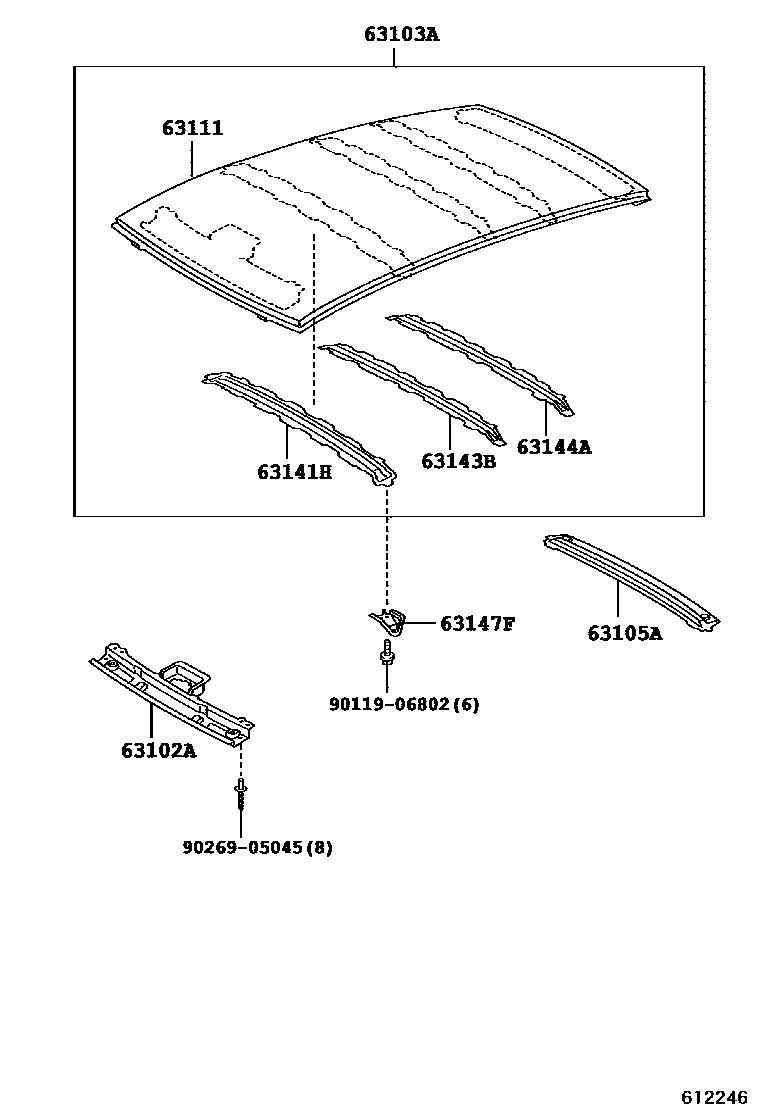 Toyota YARIS 天窗板和背窗玻璃 EPC diagram — 612246