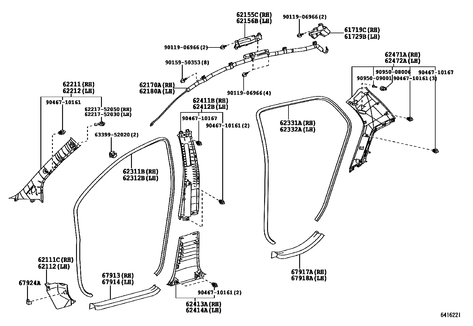 Toyota YARIS 内饰板和车门防水胶条 EPC diagram — 641622I