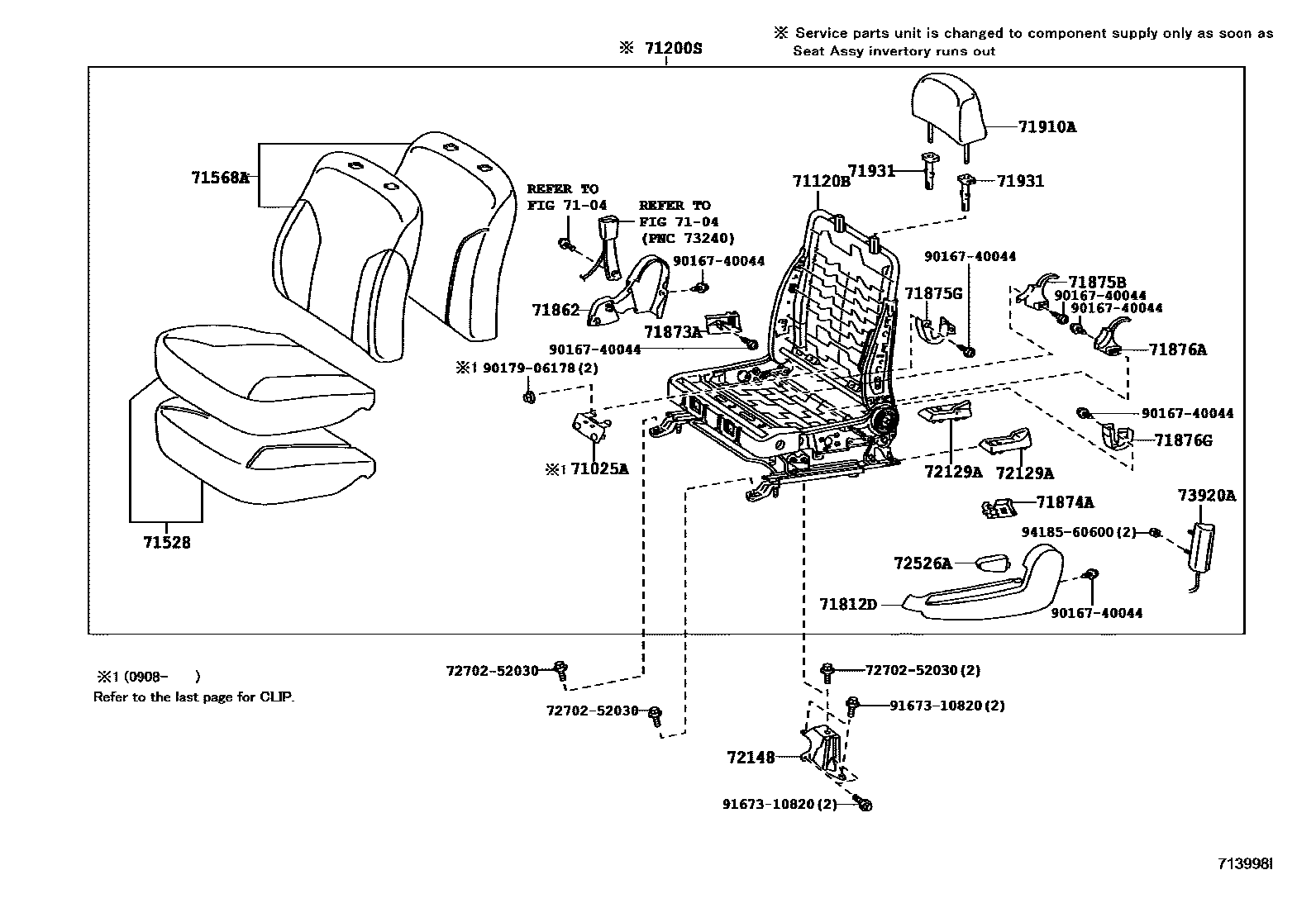 Toyota YARIS 前排座椅和座椅滑轨 EPC diagram — 713998I